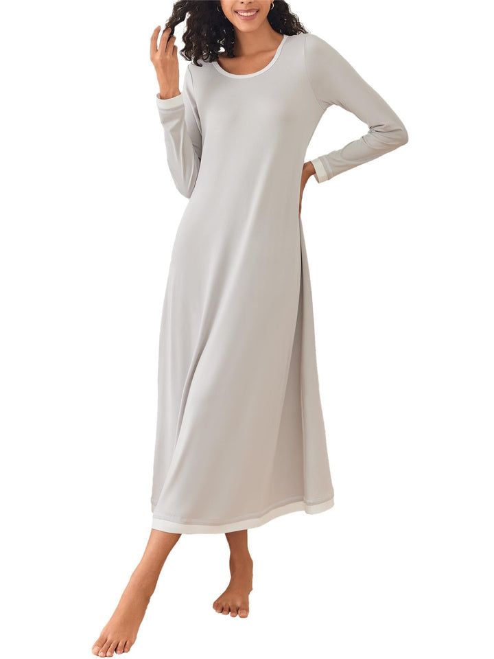 Ekouaer Damen Nachthemd Langarm Elegant Sleepshirt Weich Schlafkleid Lange Nachthemden Kontrastfarbe