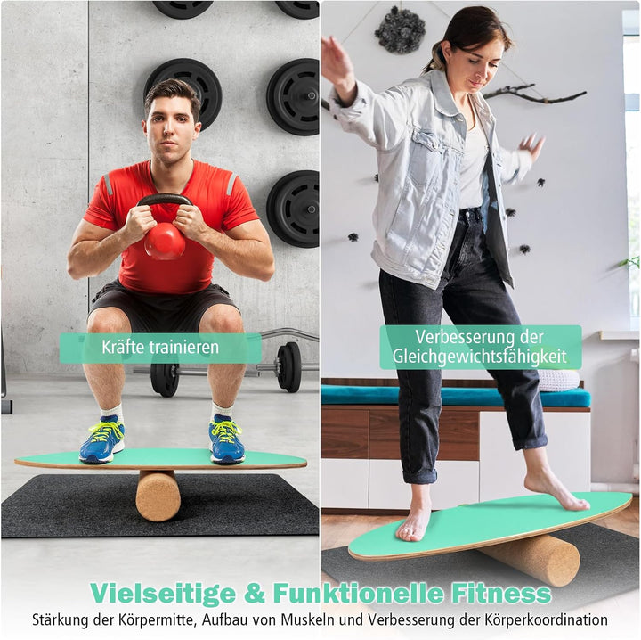GYMAX Balance Board aus Holz, 15 mm BalanceBoard mit 10mm Korkrolle &amp; rutschfeste Matte aus Filz, In