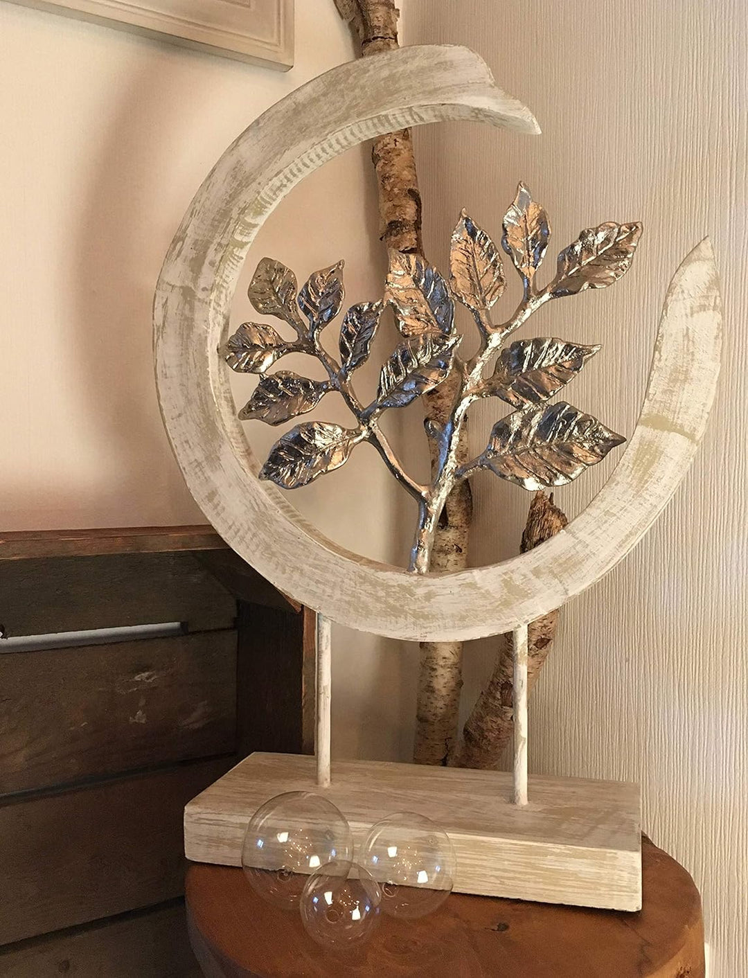 Moritz Skulptur Silver Leafs - Moderne Dekoration aus Mango-Holz und silbernen Aluminium Blättern -