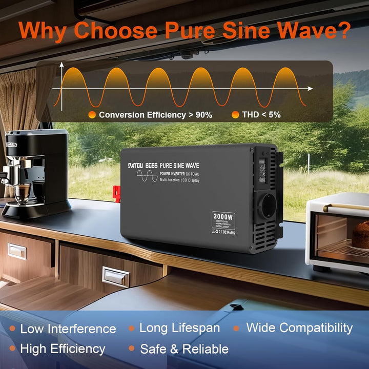 DATOUBOSS 2000W Wechselrichter Reiner Sinus 12V auf 230V Spitzenleistung 4000W mit 1 EU-Steckern, LC