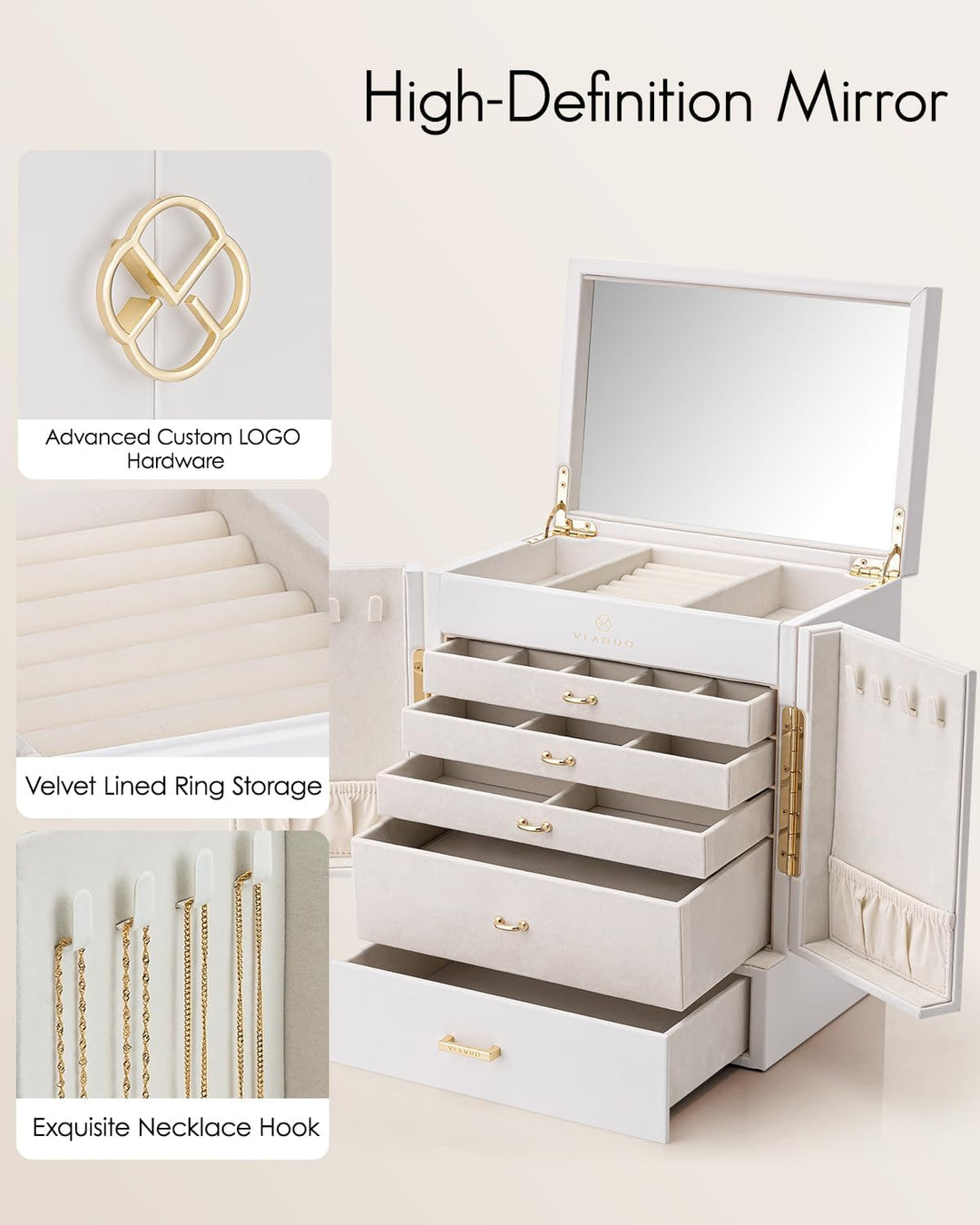 Vlando Schmuckaufbewahrung Gross, Schmuckschatulle Schmuck Organizers Gross XXL, Schmuckkästchen mit