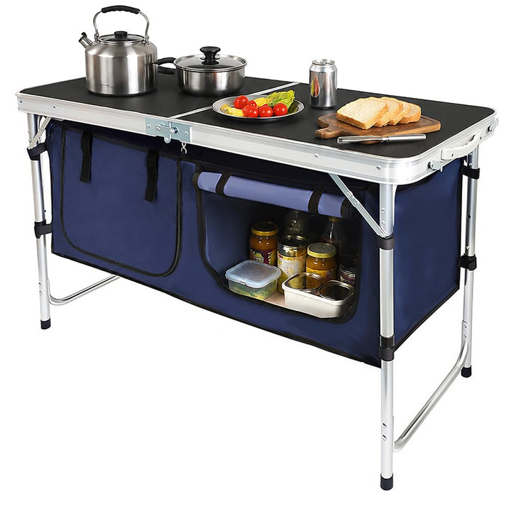Campingküche faltbar, Leicht Campingschrank mit Aluminiumgestell, Campingtisch Klappbar mit Staufach