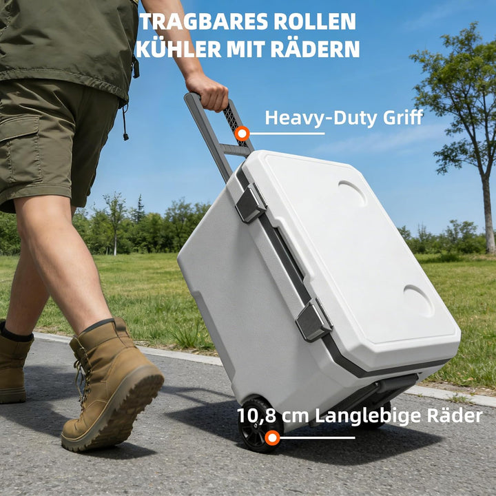 WISD 45L Kühlbox mit Rollen und Griff – Grosse Camping Kühlbox mit Metallverschlüssen & Ablaufstopfe