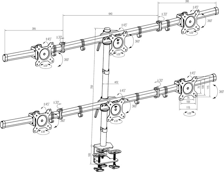 HFTEK - Bildschirmhalterung Für 6 Monitore Von 15 Bis 27 Zoll VESA 75/100 Arm Halterung Mount Monito