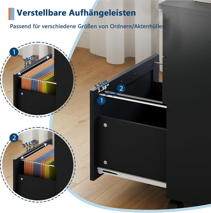 Litake Schubladenschrank, Rollcontainer, mobiler Aktenschrank, Metallschrank, Druckertisch, abschlie
