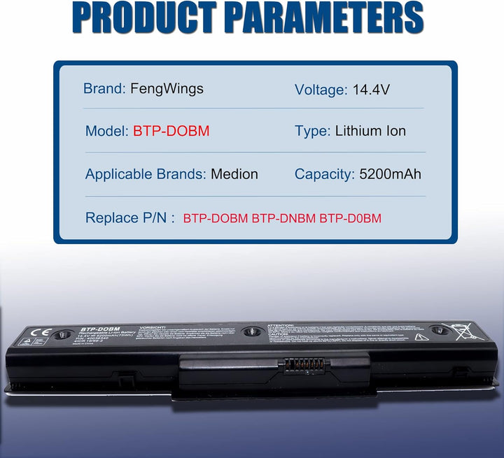 FengWings® 14,4V 5200mAh BTP-DOBM Akku BTP-DNBM BTP-D0BM Laptop Akku für Medion akku E7218 MD97872 M