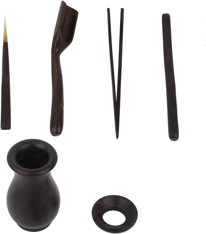 Teezeremonie-Set, 6-teilig, Teebesteck aus Bambus, Teeschaufel aus Ebenholz, Clip, Nadel, Eimer, Aus