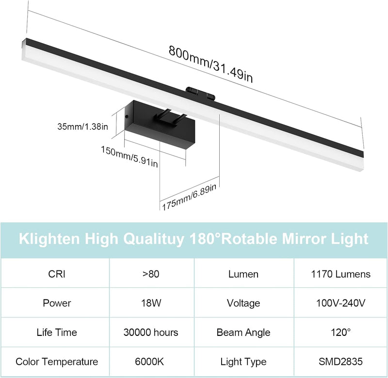 Klighten LED Spiegellampe Badezimmer 18W 1170Lumen, 80cm Schwarz Spiegelleuchte Bad, 180 Grad Einste