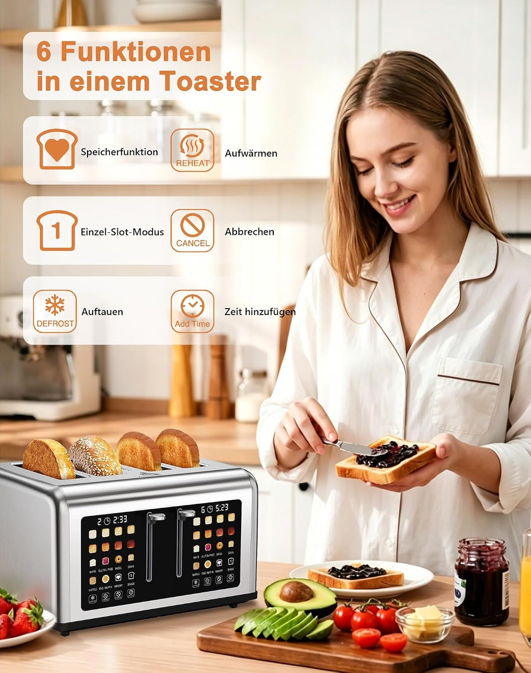 Toaster 4 Scheiben, Toaster Edelstahl mit Touchscreen, 8 Bräunungsstufen, Auftauen & Aufwärmen Funkt