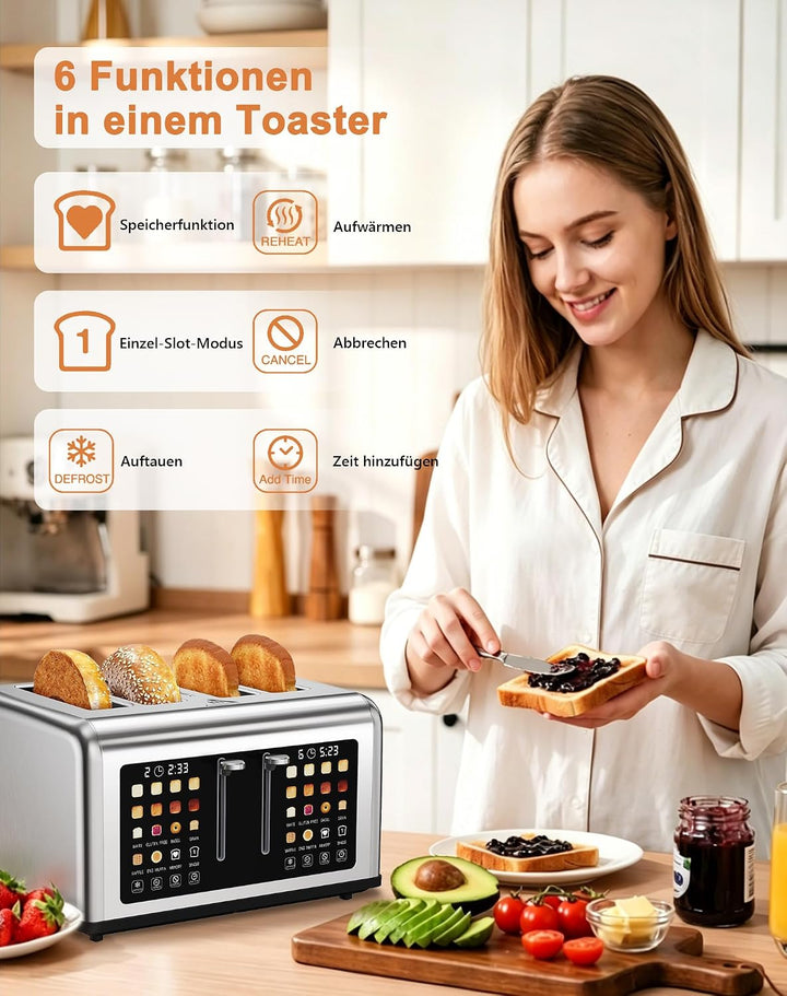 Toaster 4 Scheiben, Toaster Edelstahl mit Touchscreen, 8 Bräunungsstufen, Auftauen & Aufwärmen Funkt