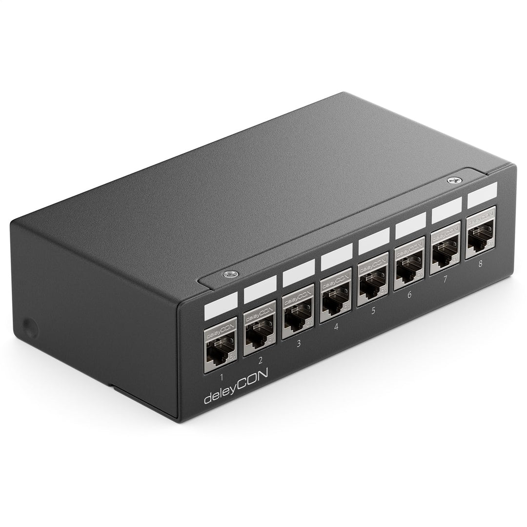 deleyCON 8 Port Patchpanel Set Patchfeld Verteilerfeld 1 HE + 8x RJ45 Keystone Jack Modul STP CAT6a