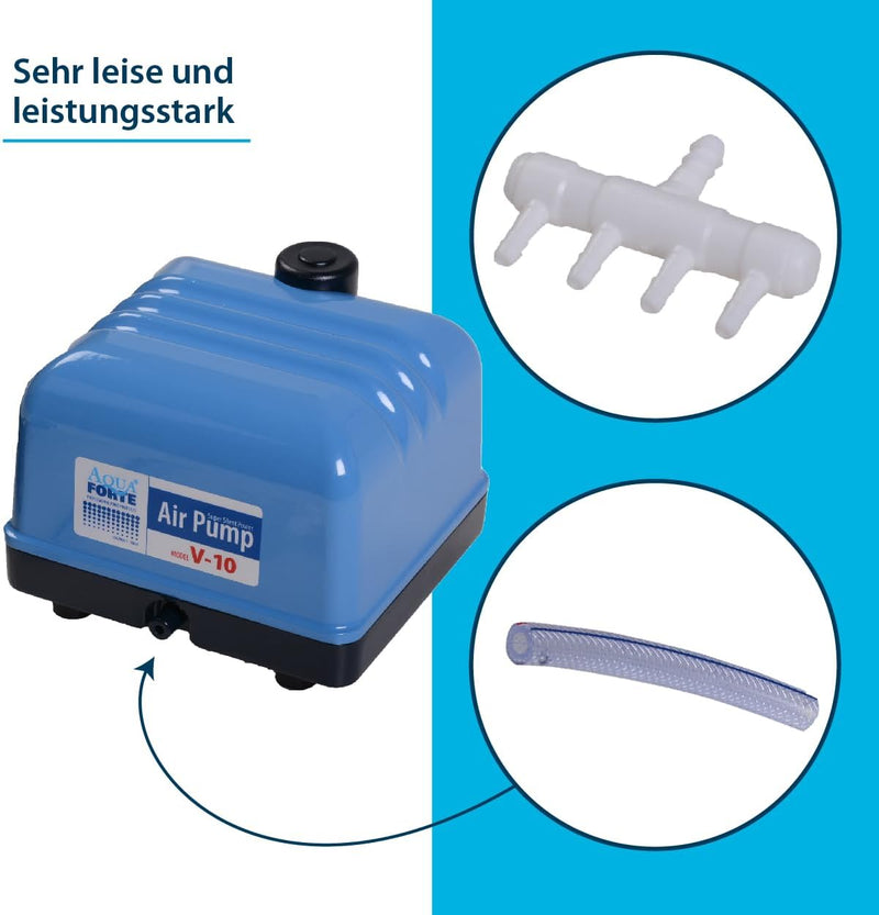 AquaForte Hi-Flow V-10 Luftpumpe, Aluminiumgehäuse, Leise und Leistungsstark, Leistung 10 Watt, Kapa