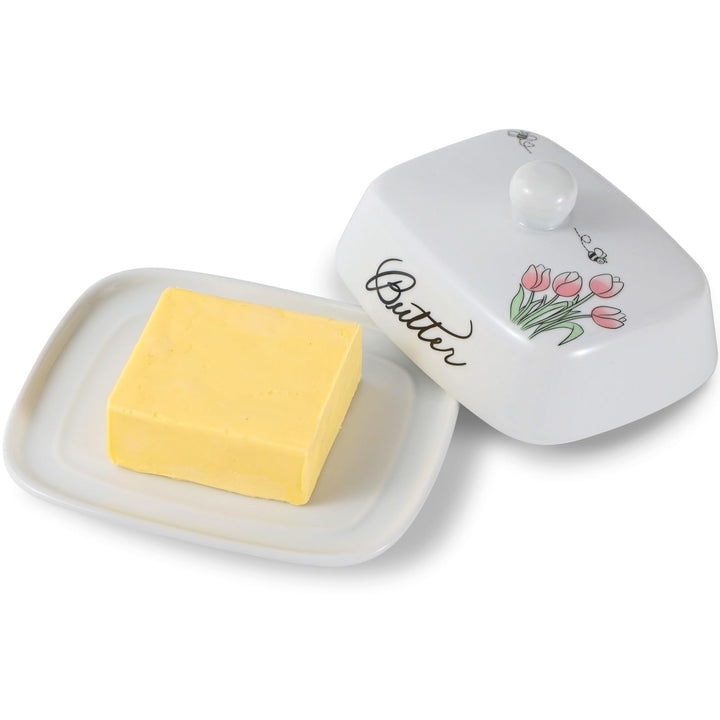 Butterdose mit Griff für 250g Butter, Hochwertige Keramik, Weiss mit Blumen Bienen Muster, Porzellan