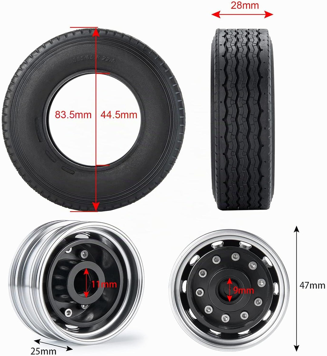 AXspeed 4 Stück Metall Vorderrad Felgen &amp; Reifen RC Räder Reifen Felgen Set für 1/14 Tamiya Traktor