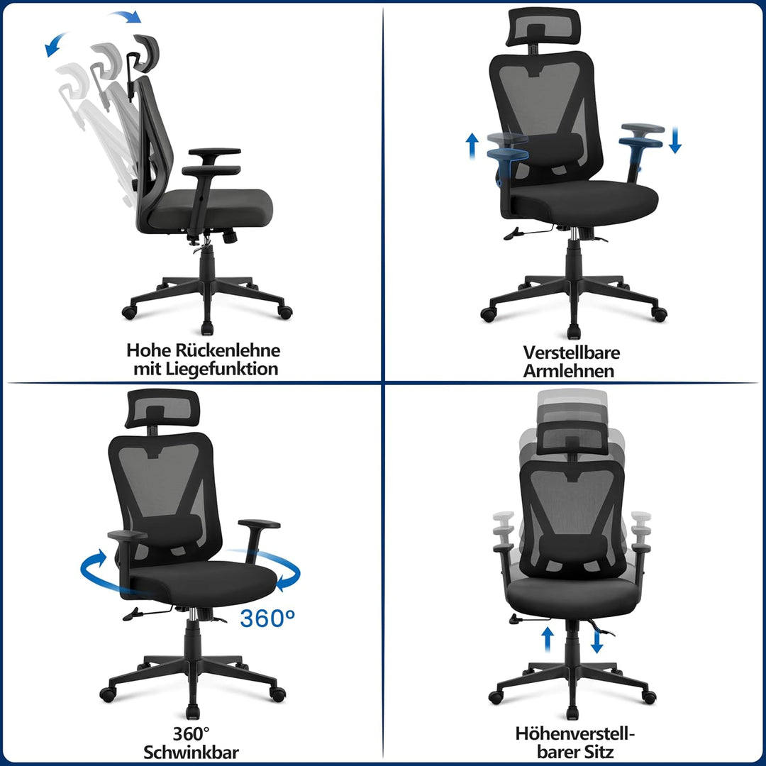 Yaheetech Bürostuhl Ergonomisch, Schreibtischstuhl mit Verstellbarer Kopfstütze, Armlehnen, Lendenwi