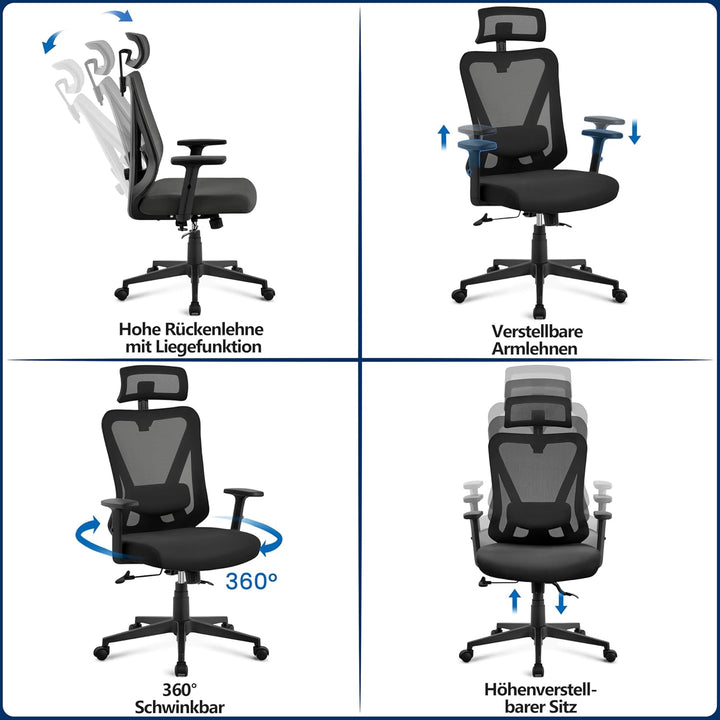 Yaheetech Bürostuhl Ergonomisch, Schreibtischstuhl mit Verstellbarer Kopfstütze, Armlehnen, Lendenwi