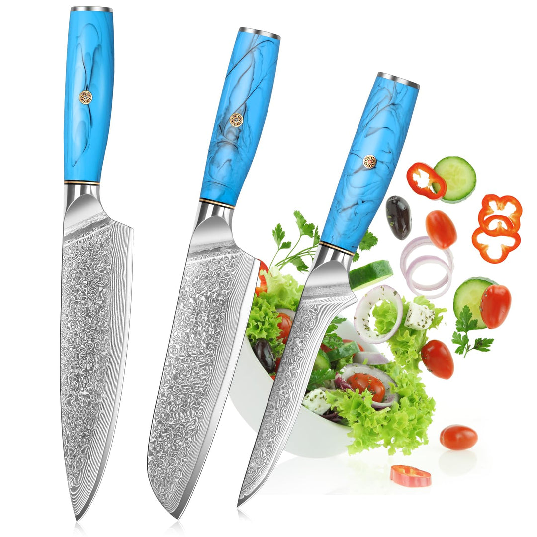 Home Safety Damast Messerset 3STK, Damast Kochmesser Set Filetiermesserset aus 67 Lagen Vg-10 Damast