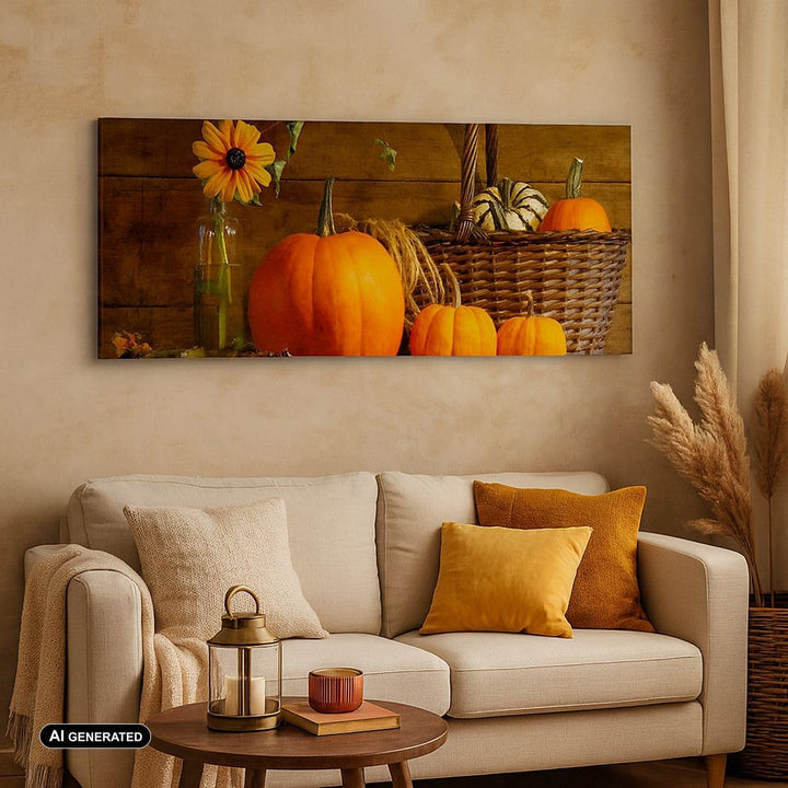 Wandbilder Dekoration Wohnzimmer Herbst Folk Tradition Kürbisse Panorama Bilder auf Leinwand 120x50c