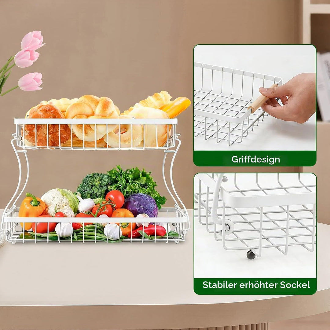 VINATO Obstkorb, Obst Etagere 2 Stöckig mit Holzgriffen für Küche, Bad &amp; Mehr – Obstständer, Gemüse