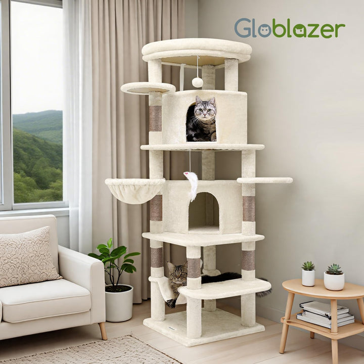 Globlazer Kratzbaum Beige Gross, Eckkratzbaum Stabil hoch 167 cm mit 2 Sektor Katzenhaus, Gepolstert