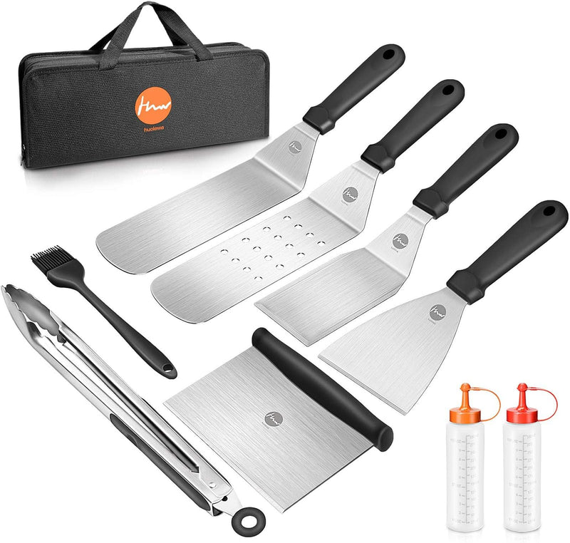 Huolewa Grillspachtel Set, Edelstahl 9 Pcs Flat-Top-Grillbesteck Set, Profi BBQ Zubehör Grillwender