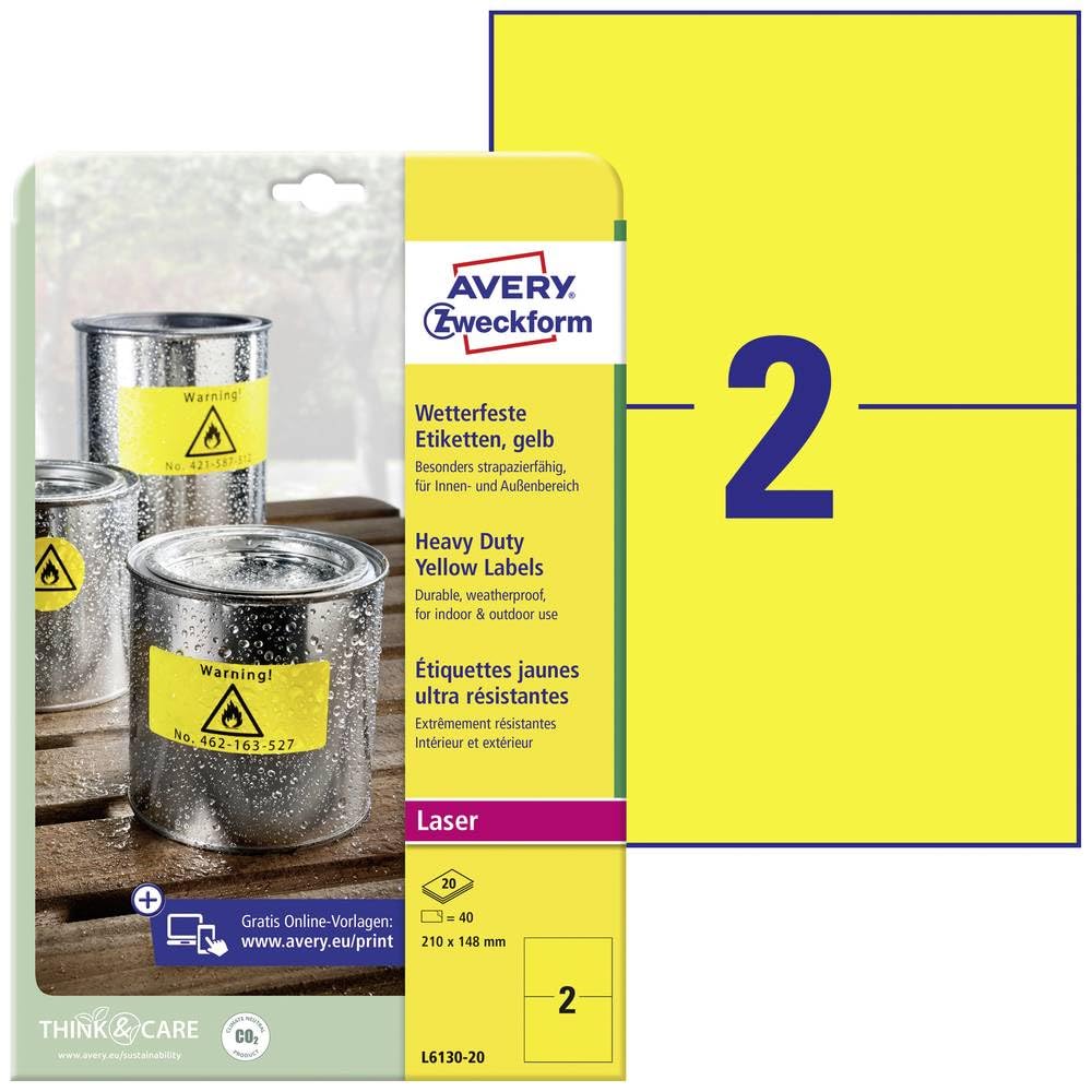 AVERY Zweckform L6130-20 Wetterfeste Folienetiketten (40 Signalaufkleber, 210x148mm auf A4, extrem s