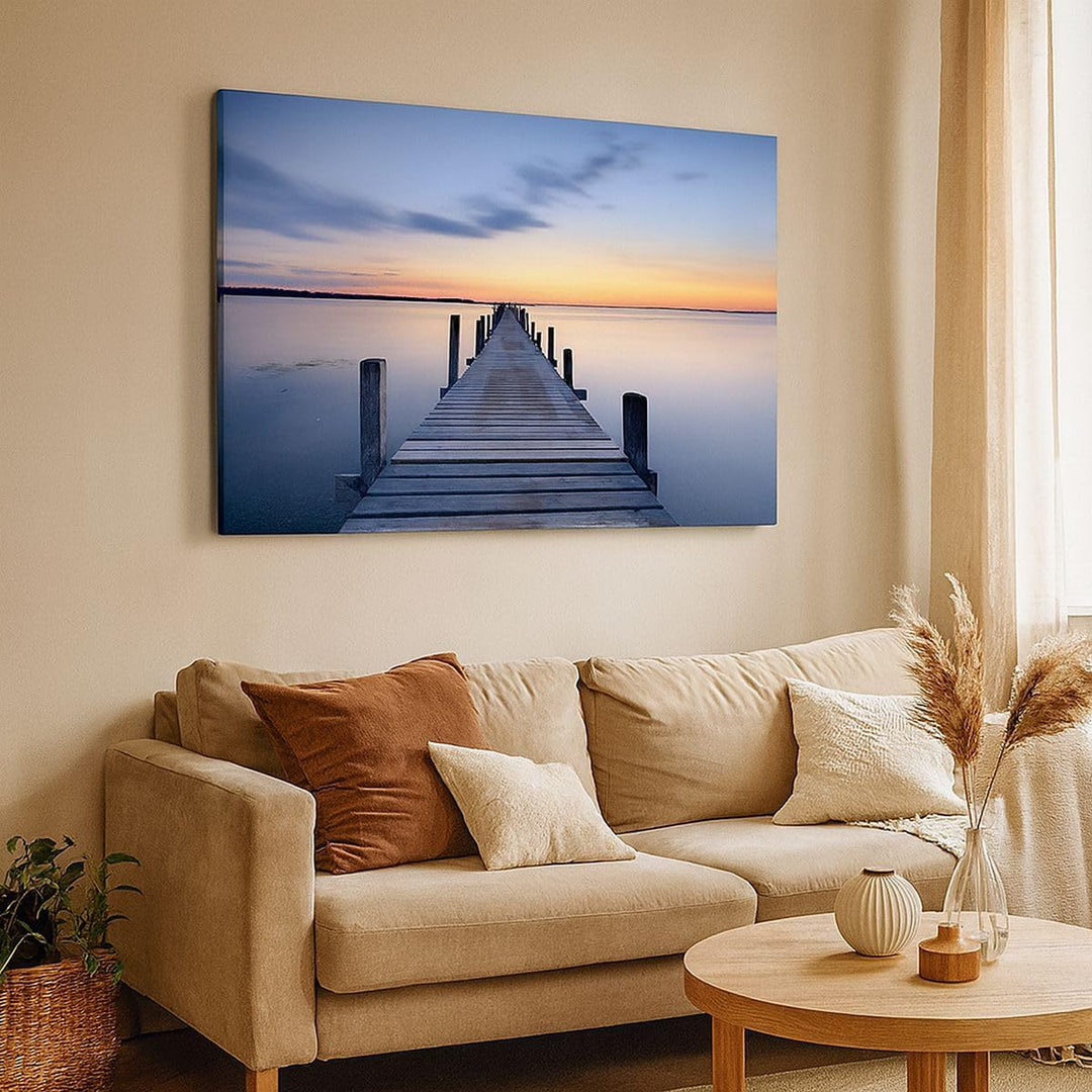 Bilder auf Leinwand 100x70cm Leinwandbild Sonnenuntergang See Wasser Brücke Gross Wanddeko Bild Schl