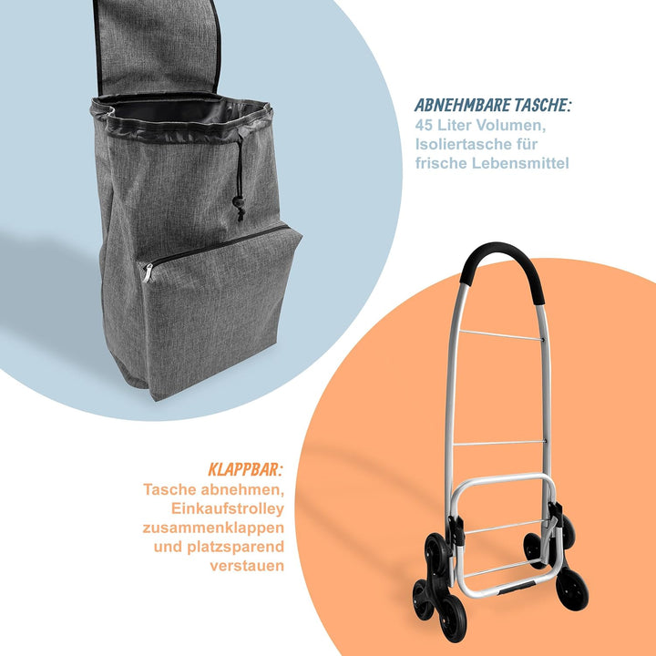 Relaxdays Einkaufstrolley Treppensteiger, Kühlfach, abnehmbare Tasche, 45 l, bis 35 kg, Einkaufswage