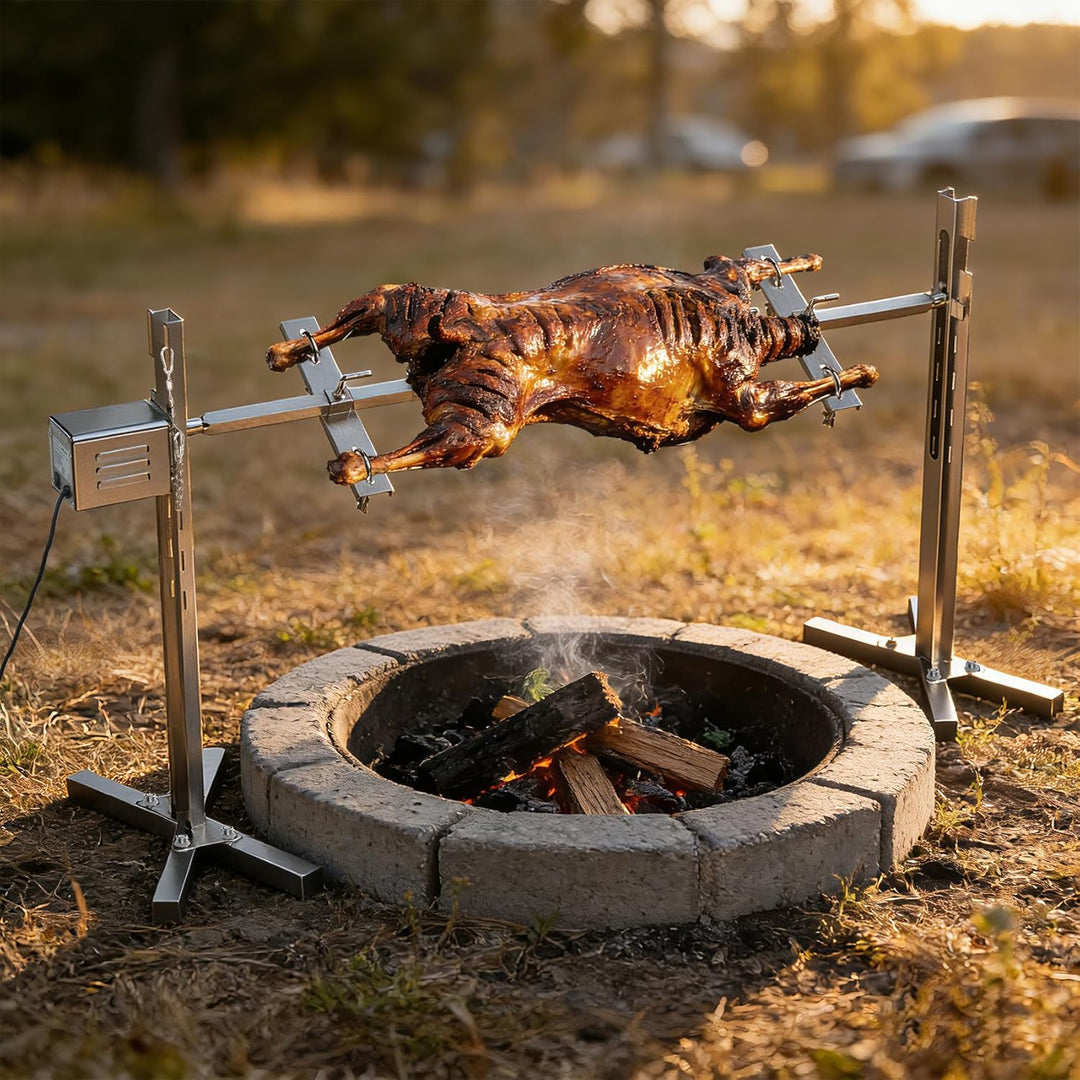 Spanferkelgrill mit Motor 60kg Belastbarkeit, Elektrischer Grillspiess Edelstahl mit 5-Stufig Höhenv