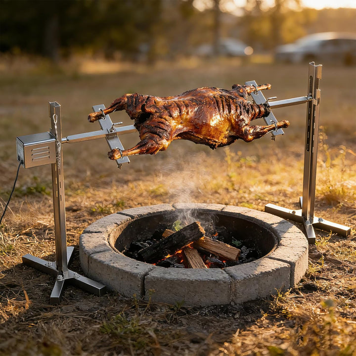 Spanferkelgrill mit Motor 60kg Belastbarkeit, Elektrischer Grillspiess Edelstahl mit 5-Stufig Höhenv