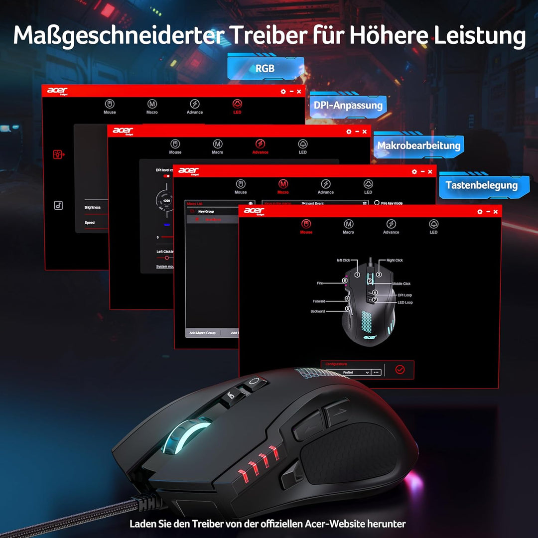 acer Gaming Maus mit Kabel 12800 DPI, Wired Computer Mouse Gaming mit Treiber, 1000Hz Abfragerate un