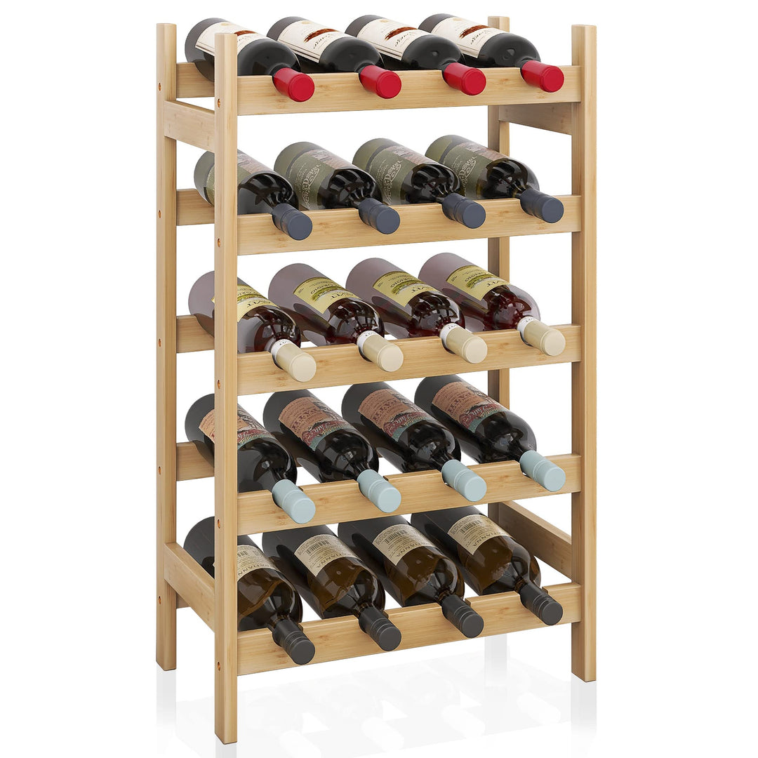 SMIBUY Bambus-Weinregal, 20 Flaschen-Display-Halter, 5-stöckige freistehende Lagerregale für Küche,