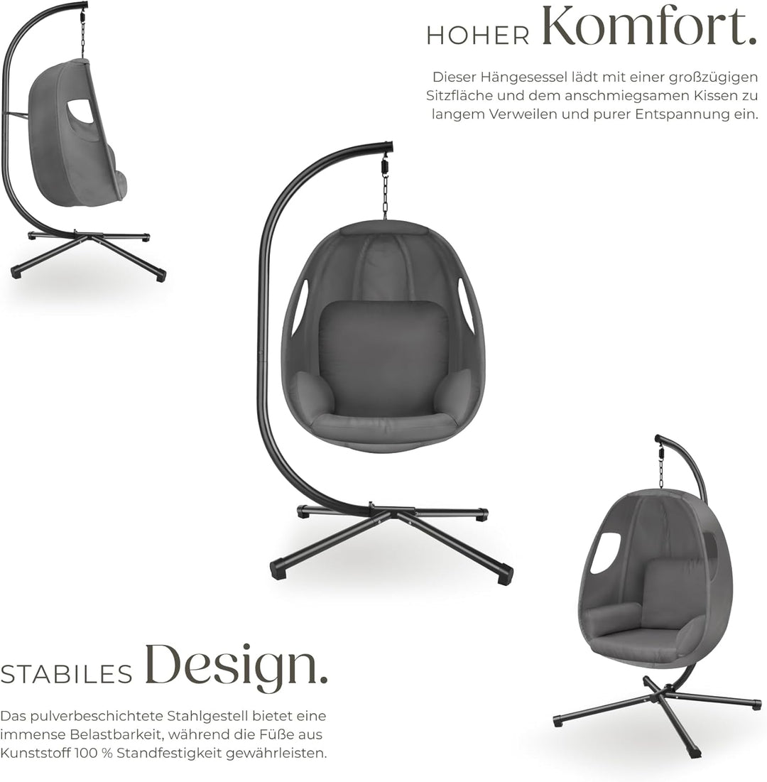 tectake® Hängesessel mit Gestell, Indoor oder Outdoor, Schaukel Sessel mit Kissen + Rückenkissen, Sc