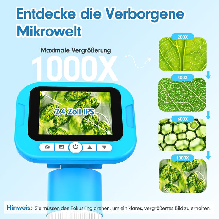 FINIBO Digitales Mikroskop für Kinder 1000X, 2,4″ Bildschirm, Kindermikroskop zum Lernen & Entdecken