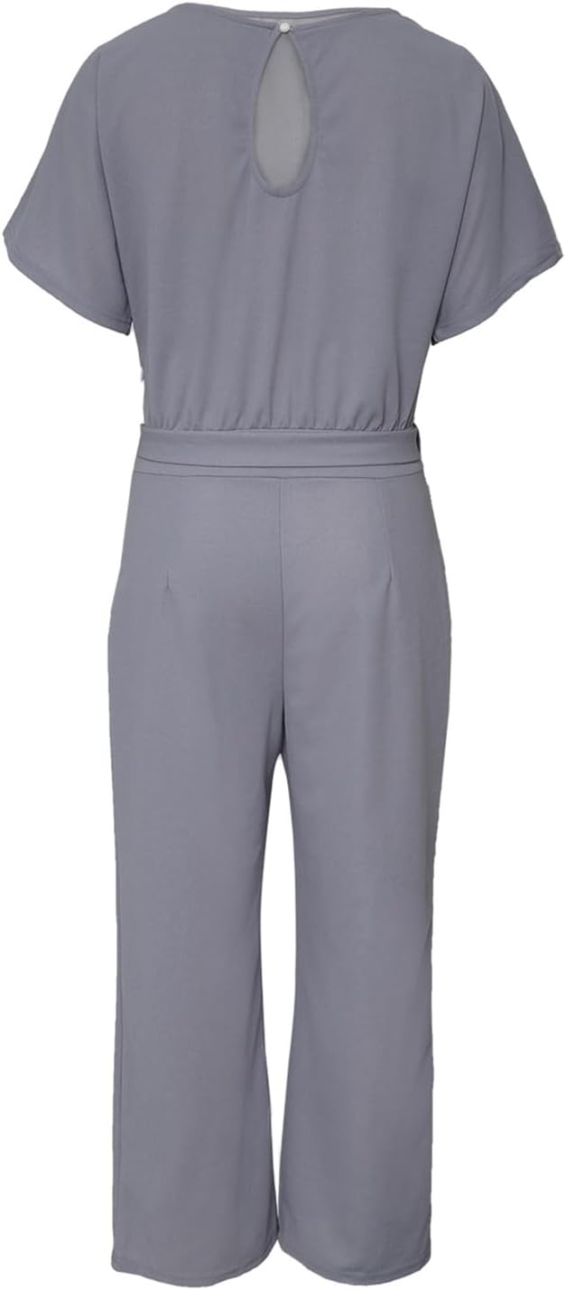 Damen Lang Jumpsuit Overall Hosenanzug Elegant Romper Kurzarm Rundhals Playsuit mit Gürtel Hosenanzu