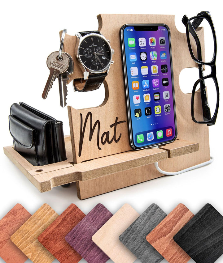 Dockingstation aus Holz, Schreibtischorganisator, Aufbewahrungshalter - Geschenkidee für Männer, Wei