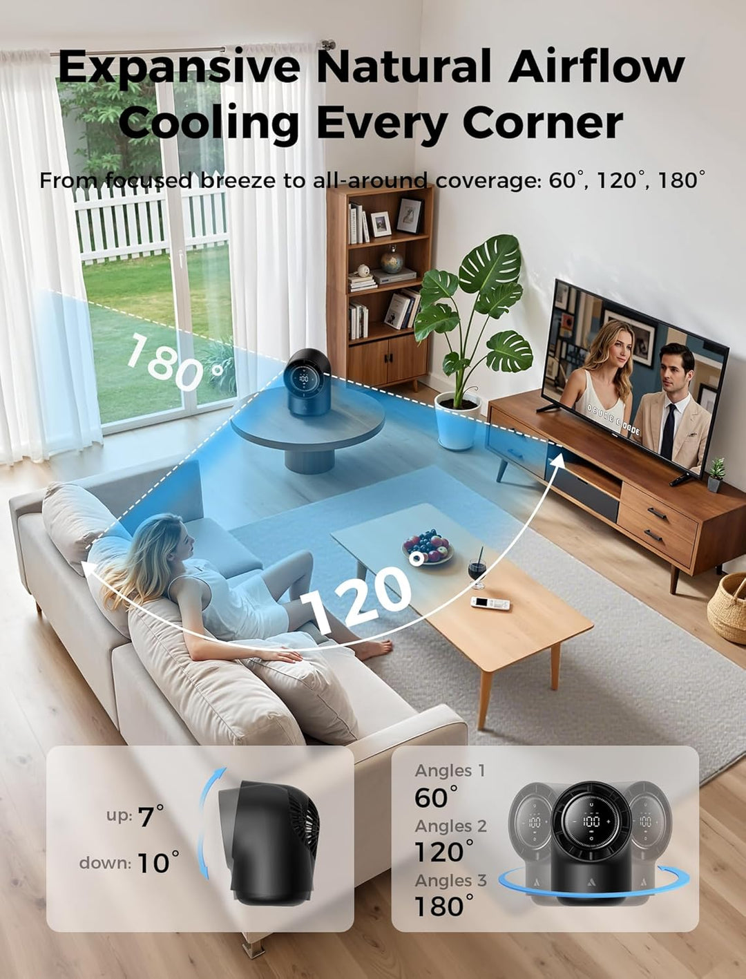 Aecooly Touchscreen Tischventilator Leise, 8000mAh Akku [Bis zu 40 Stunden Kühlzeit], 3 Winkel 180°-