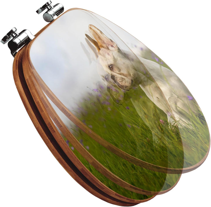 banjado® Design WC Sitz Bambus Absenkautomatik mit Motiv Franz. Bulldogge/Toilettendeckel mit Absenk