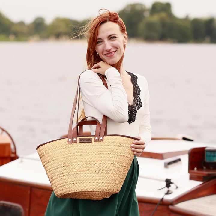 NATUREHOME Palmblatt-Tasche mit Kordelverschluss und edler, dunkler Stoffausstattung, strapazierfähi