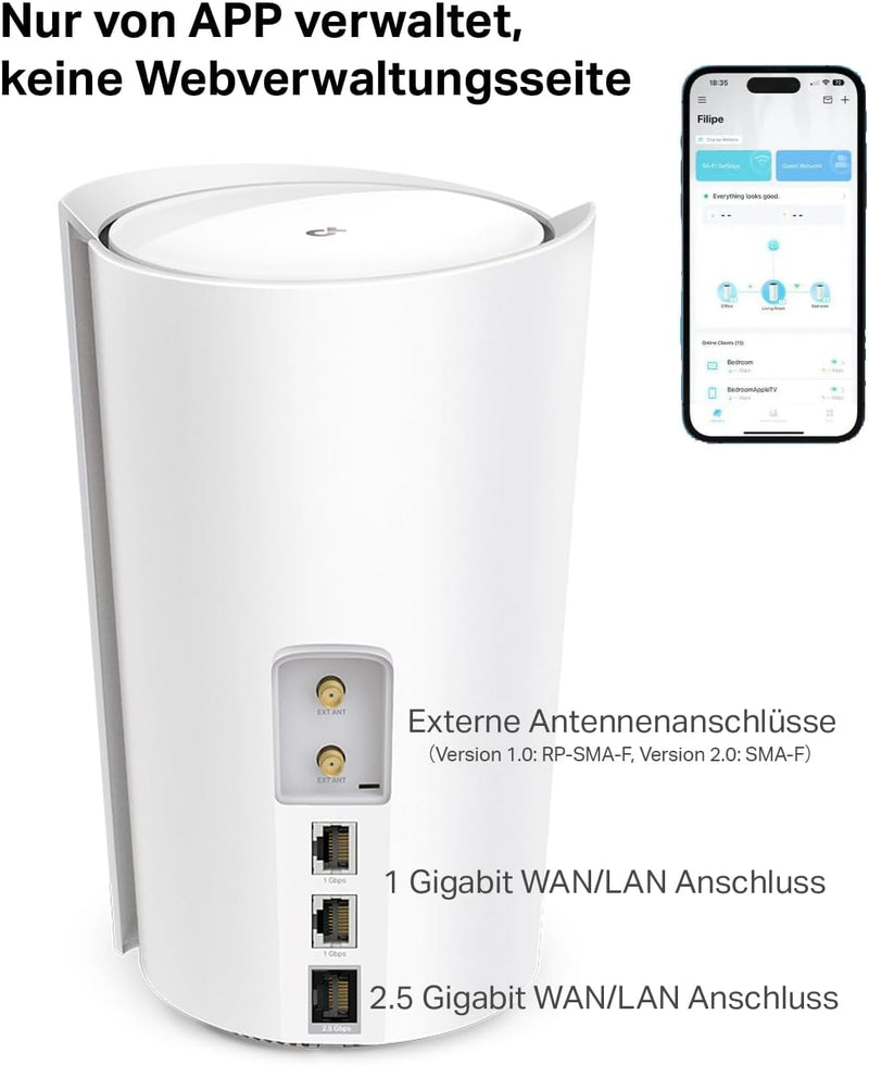 TP-Link Deco X50-5G LTE WLAN Router, 5G Router Sim-karte, 2,5-Gbit/s-Port + 2 x Gigabit-Ports, Wi-Fi