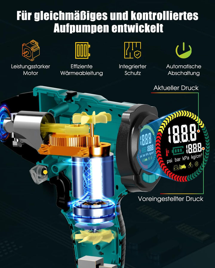 AUTDER 21V Akku Luftkompressor - 12,4 Bar/180 PSI Hochdruck Elektropumpe mit LED-Licht &amp; Kühlsystem,