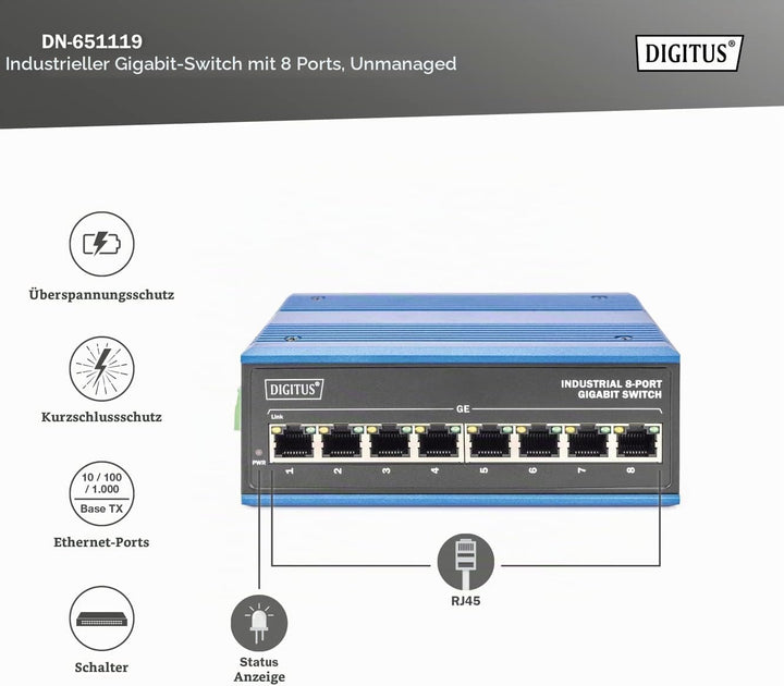 DIGITUS Netzwerk-Switch - 8-Port Gigabit Ethernet - DIN-Rail Montage - Klemmleiste - Lüfterlos - Sch