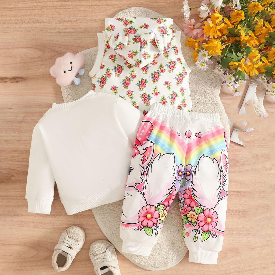 Kleinkind Baby Mädchen Outfits Top mit Hasenmotiv Geblümte Weste Hose 6-9 Monate Weiss, 6-9 Monate W