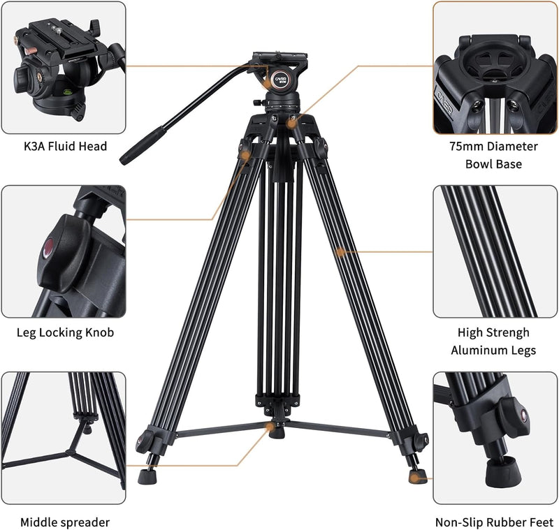 Cayer BV30 Video Tripod, Robust Aluminium Alloy Camera Tripod with 360° Fluid Head, Quick Release Pl