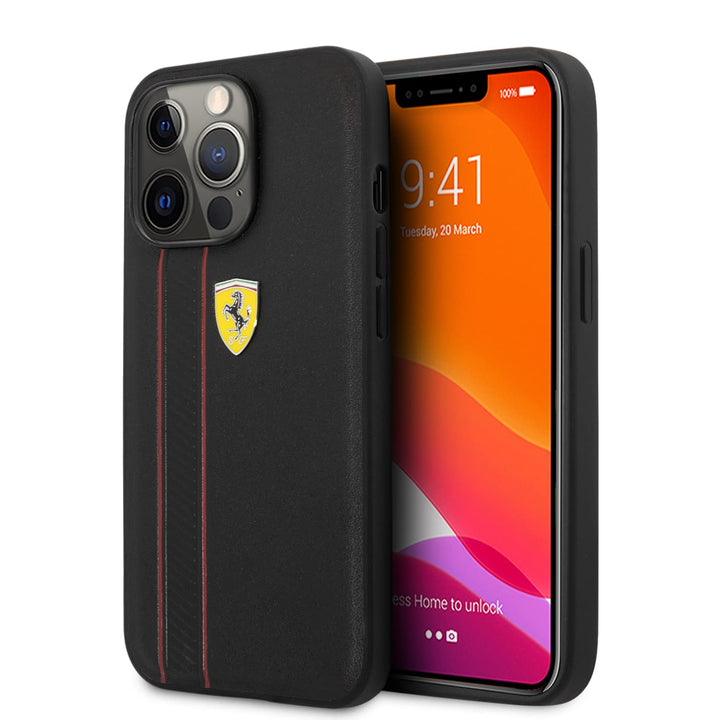 CG MOBILE Ferrari Schutzhülle für iPhone 13 Pro in Schwarz mit zwei roten Linien, Echtleder-Schutzhü
