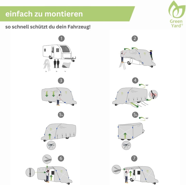 GreenYard® Wohnwagen Abdeckplane mit Reflektorstreifen | Grösse XXL 730 x 250 x 220 cm | Camping Sch