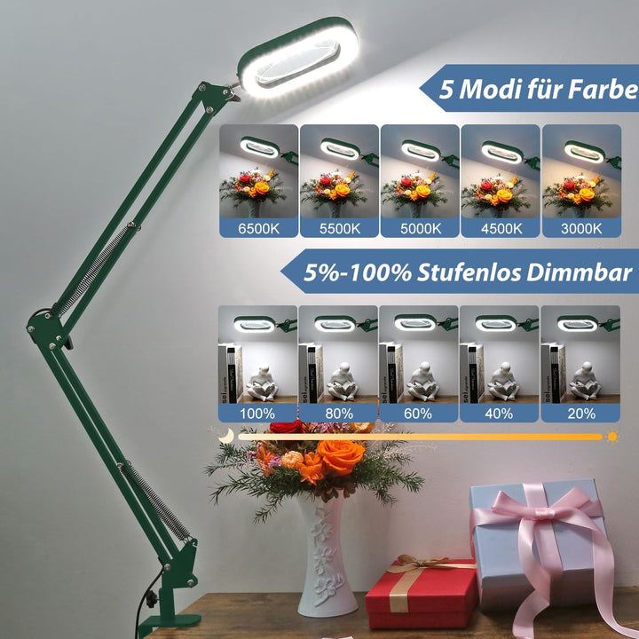 Veemagni 10X Echtes Glas Rechteckige Lupe mit Licht und Klemme, 5 Farbmodi stufenlos dimmen, 2 * 16