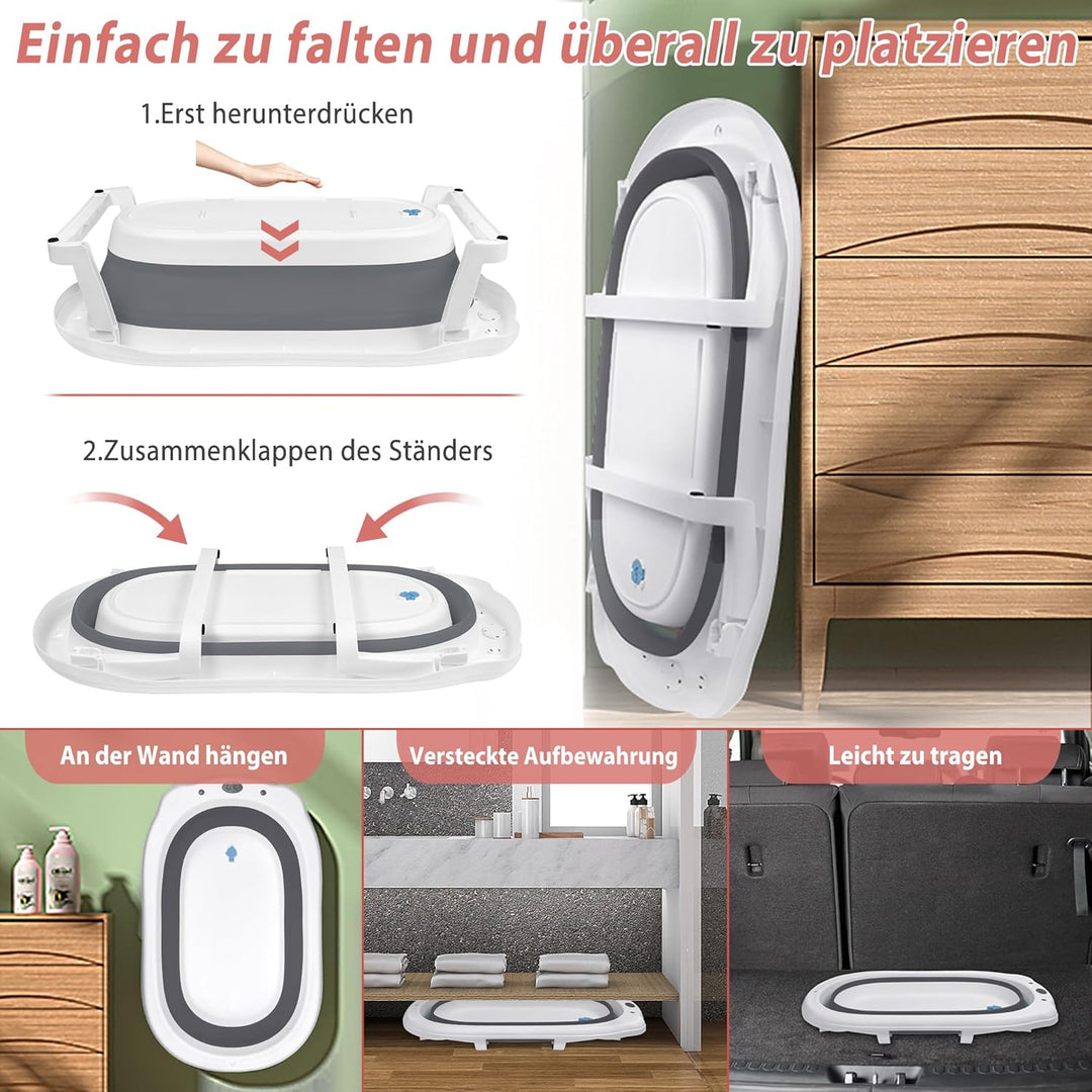 YUENFONG Baby Badewanne, Faltbar, PP Material, Anti Rutsch, Grau mit Sitzkissen Grau mit Badematte,