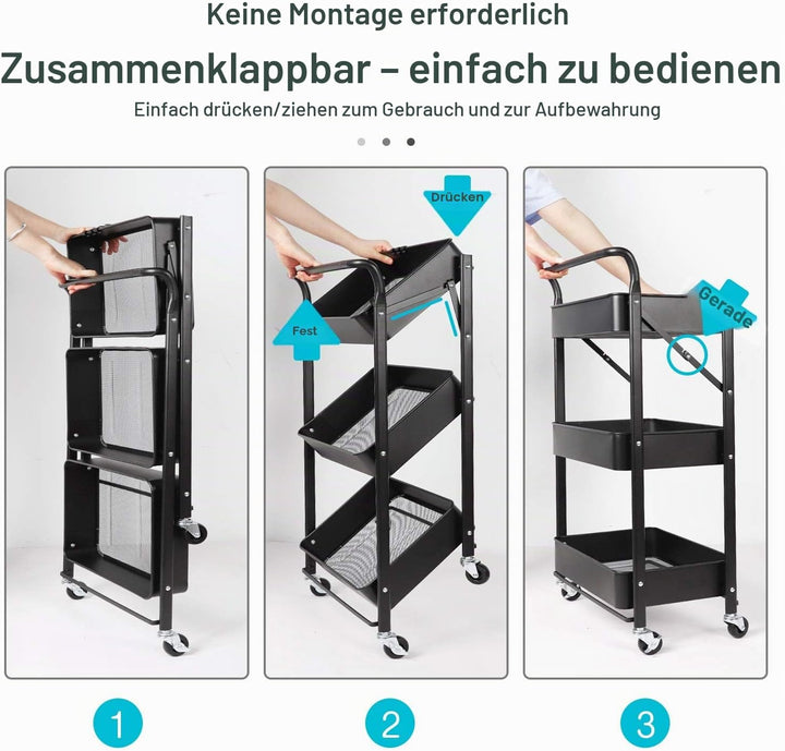 Dripex Rollwagen Metall, Faltbarer Servierwagen, Küchenwagen mit Rollen, Küchenregal mit 3 Ebenen, A