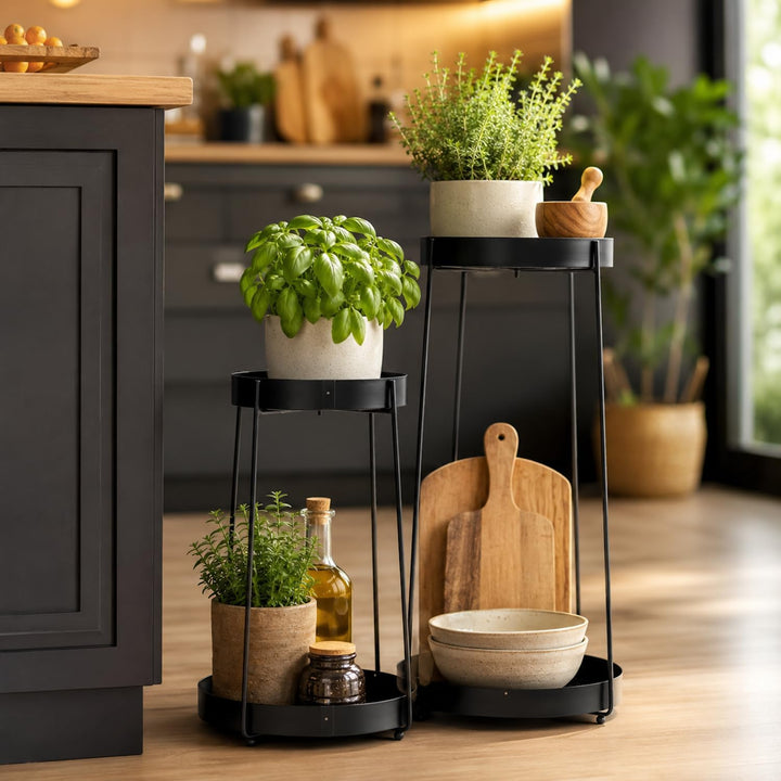 Pflanzenständer Metall 2er Set Schwarz – je 2 Ebenen, 58 + 46 cm | Teller Ø 25 + 20 cm, für Pflanzen